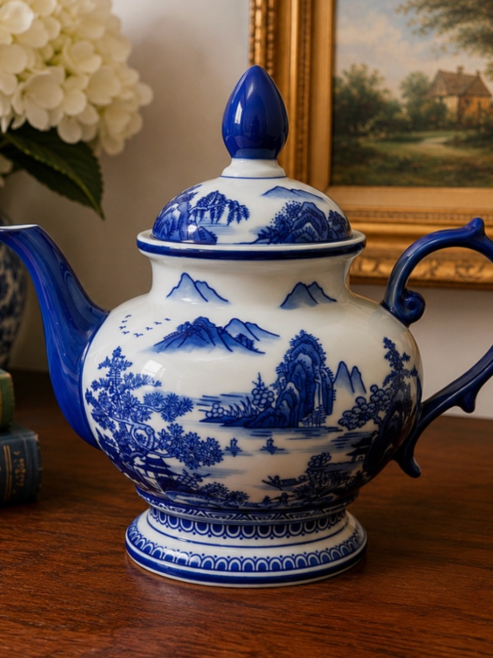 Share Bombay Company Blue White Chinoiserie Decorative Teapot Porcelain